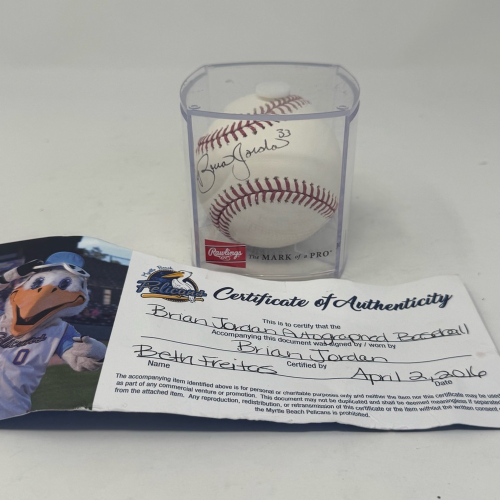 AUTHENTICATED Rawlings Brian Jordan Autographed Baseball with Display Case